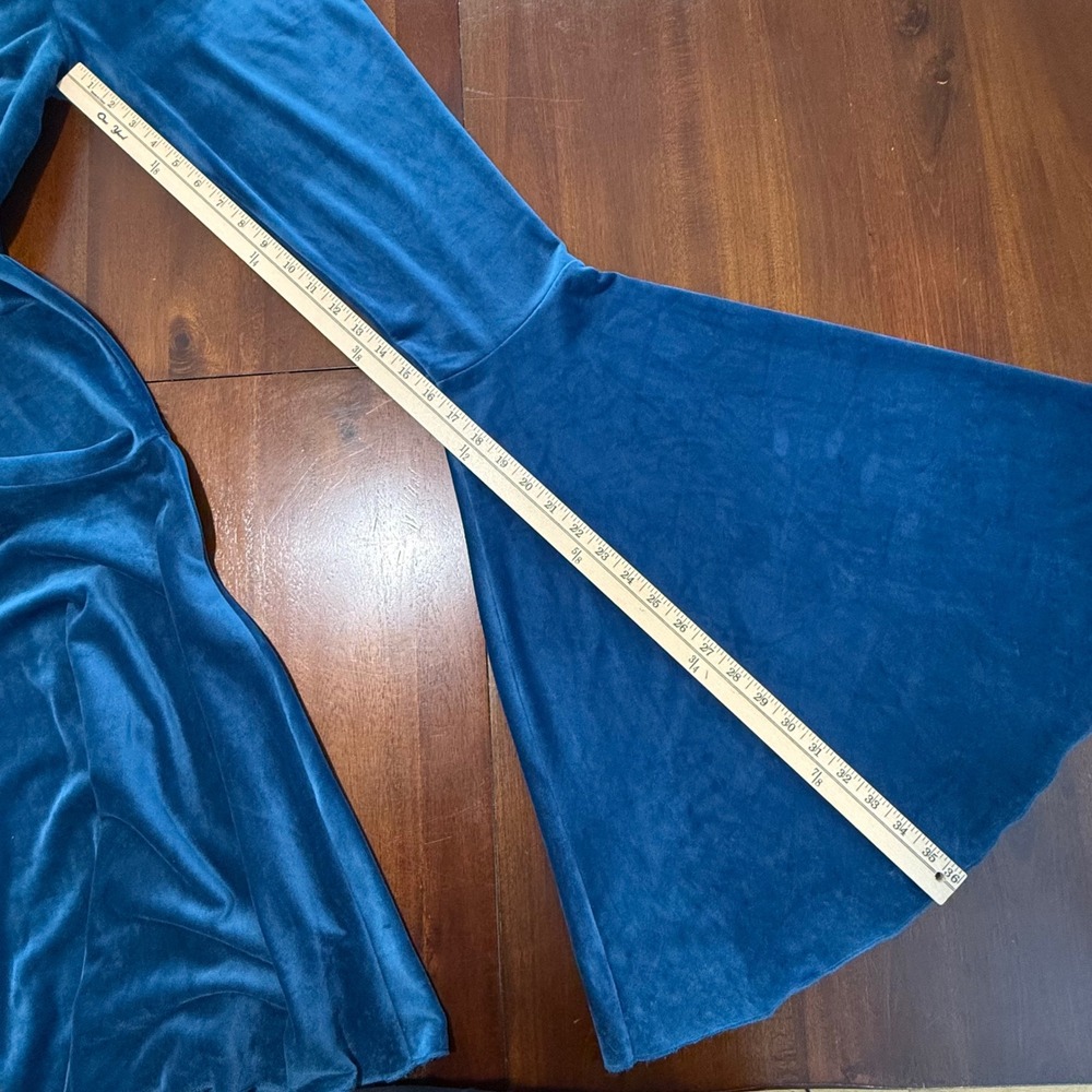 Womens Velour Bell Bottom Pants S Teal Blue Flare Tall Retro Statement 70s Boho - Picture 10 of 11